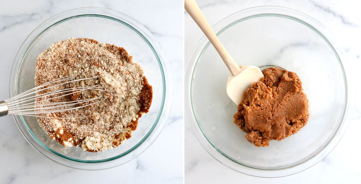 almond flour mixed with coconut sugar in glass bowl