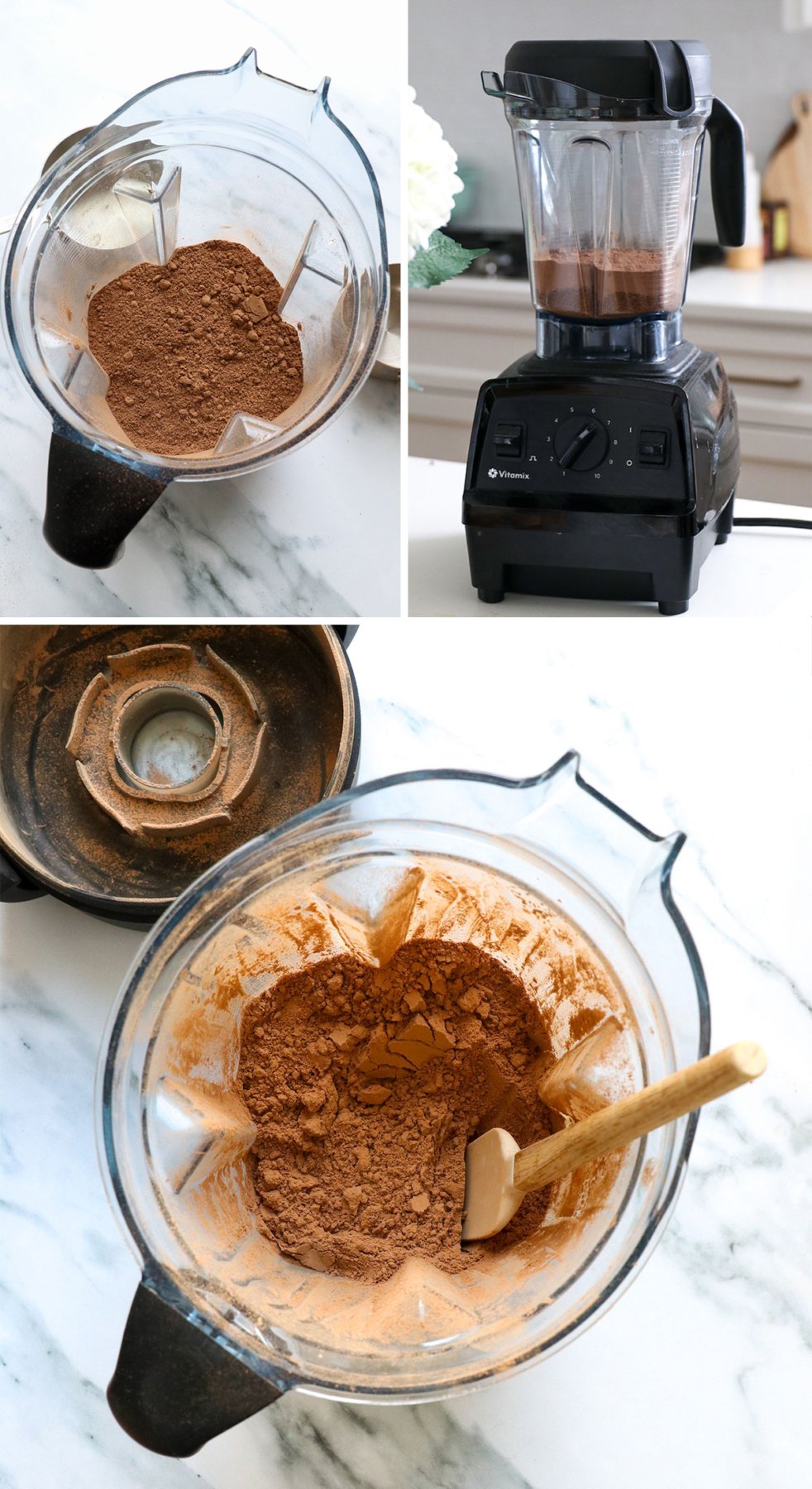 hot cocoa mix blended together in a blender pitcher. 