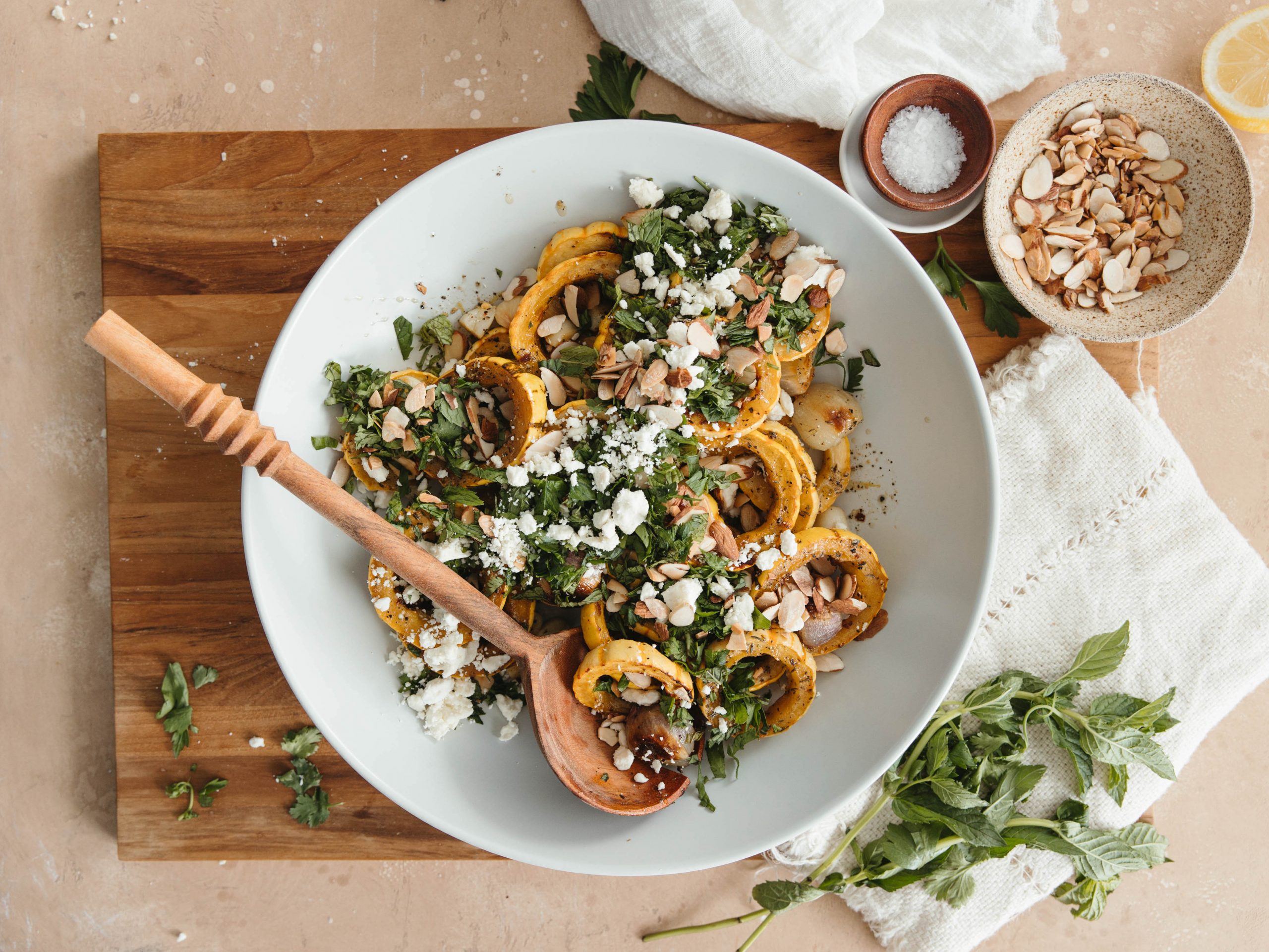 Roasted Delicata Squash With Feta, Almonds, and Herbs