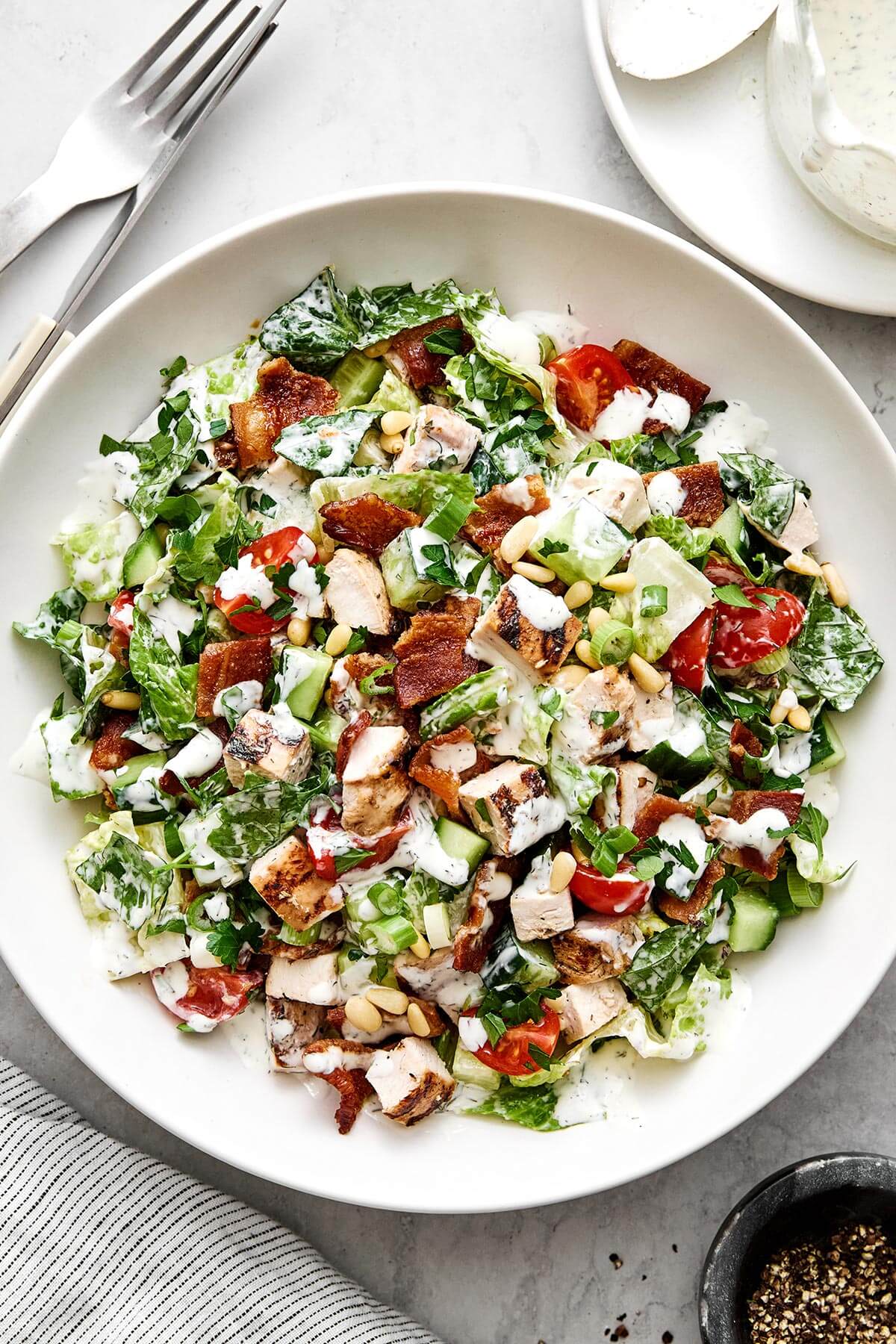 A bowl of chicken bacon ranch chopped salad.