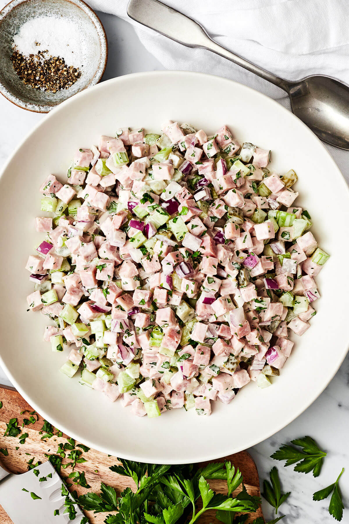 A big bowl of ham salad