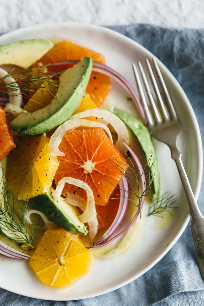 Orange, fennel and avocado salad with a white wine vinaigrette.