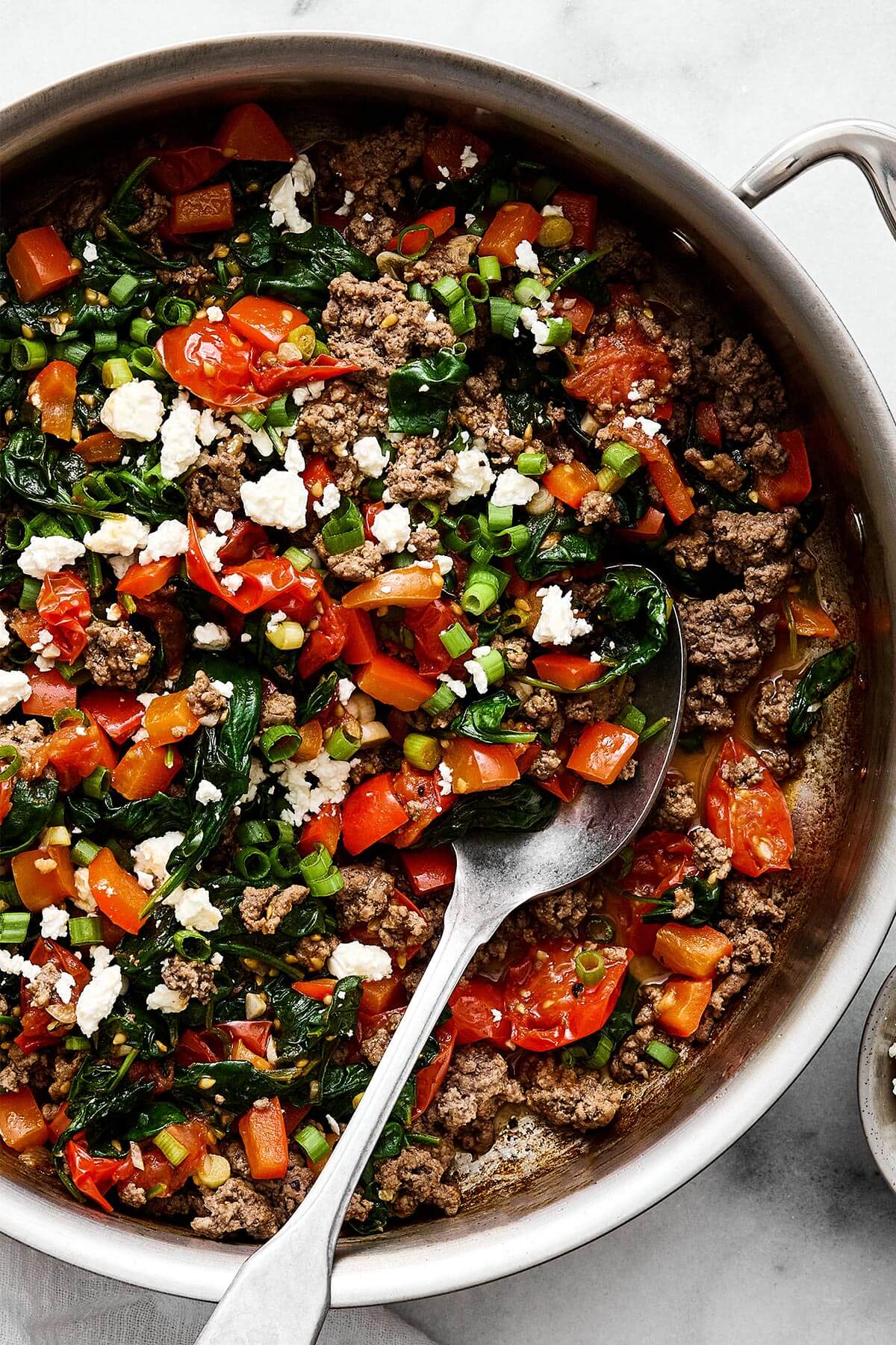 A pan of Mediterranean ground beef stir fry.