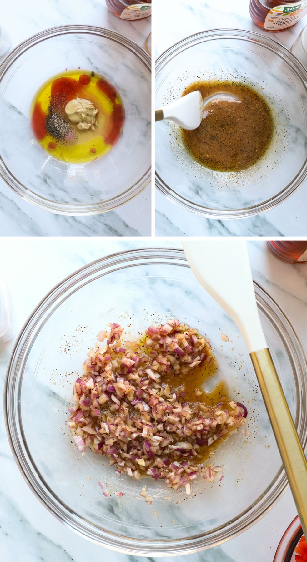 dressing mixed in a glass bowl and tossed with red onion.