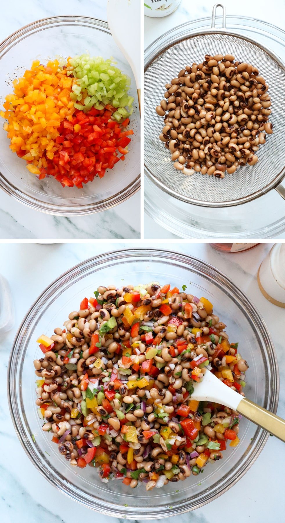 veggies and black eyed peas tossed together in a salad.