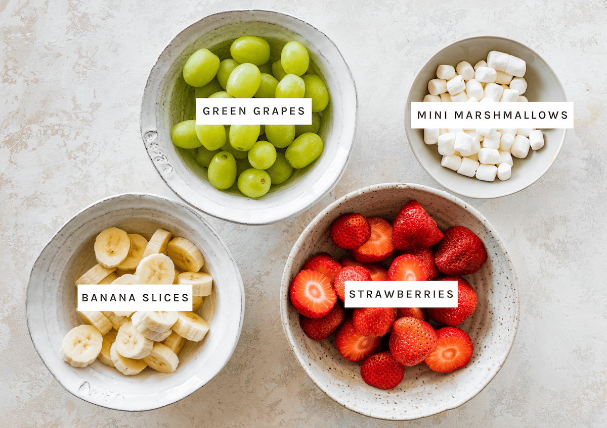 Green grapes, mini marshmallows, banana slices, strawberries