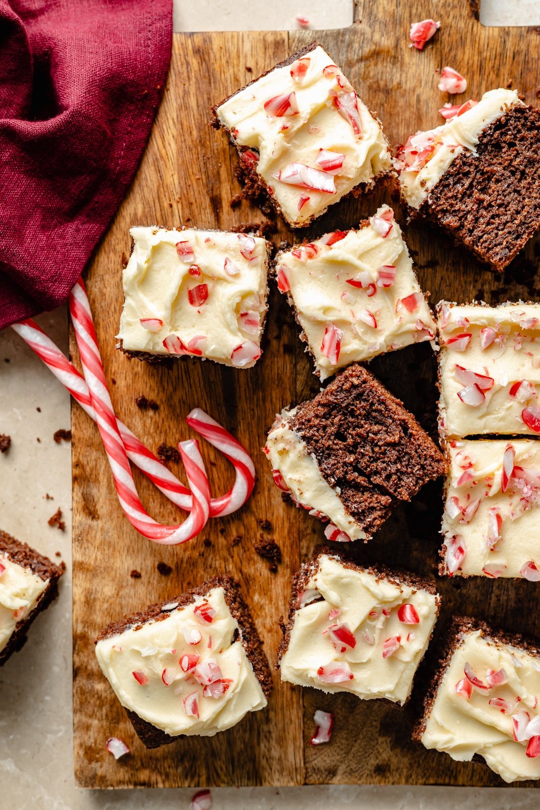 gluten-free chocolate peppermint cake sliced on a cutting board