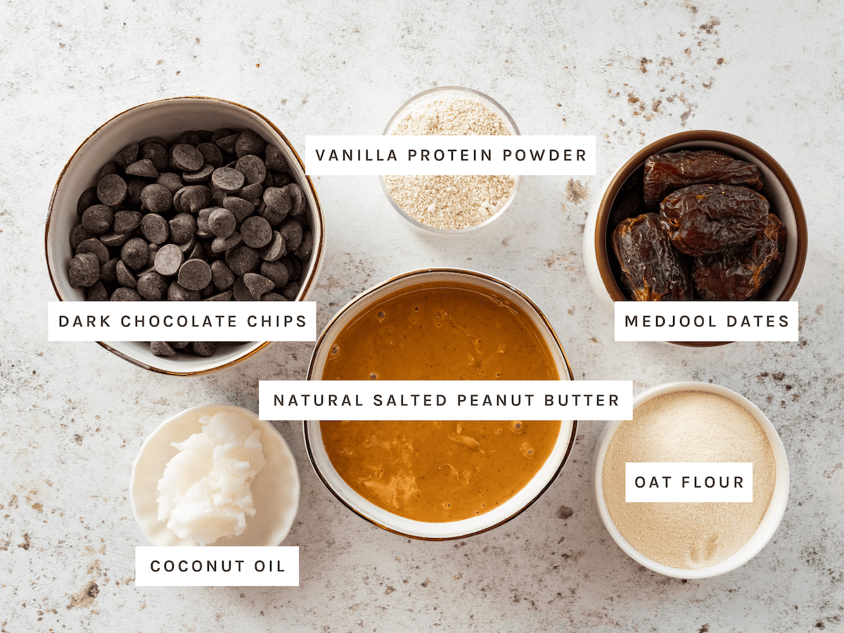 Dark chocolate chips, vanilla protein powder, medjool dates, natural salted peanut butter, oat flour, coconut oil