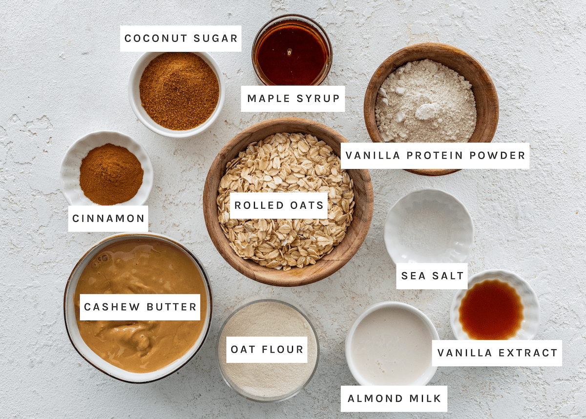 Snickerdoodle Protein Balls ingredients Rolled oats, oat flour, cashew butter, coconut sugar, maple syrup, vanilla protein powder, almond milk, cinnamon, vanilla extract, sea salt