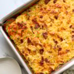 breakfast casserole made with spaghetti squash in a steel pan.