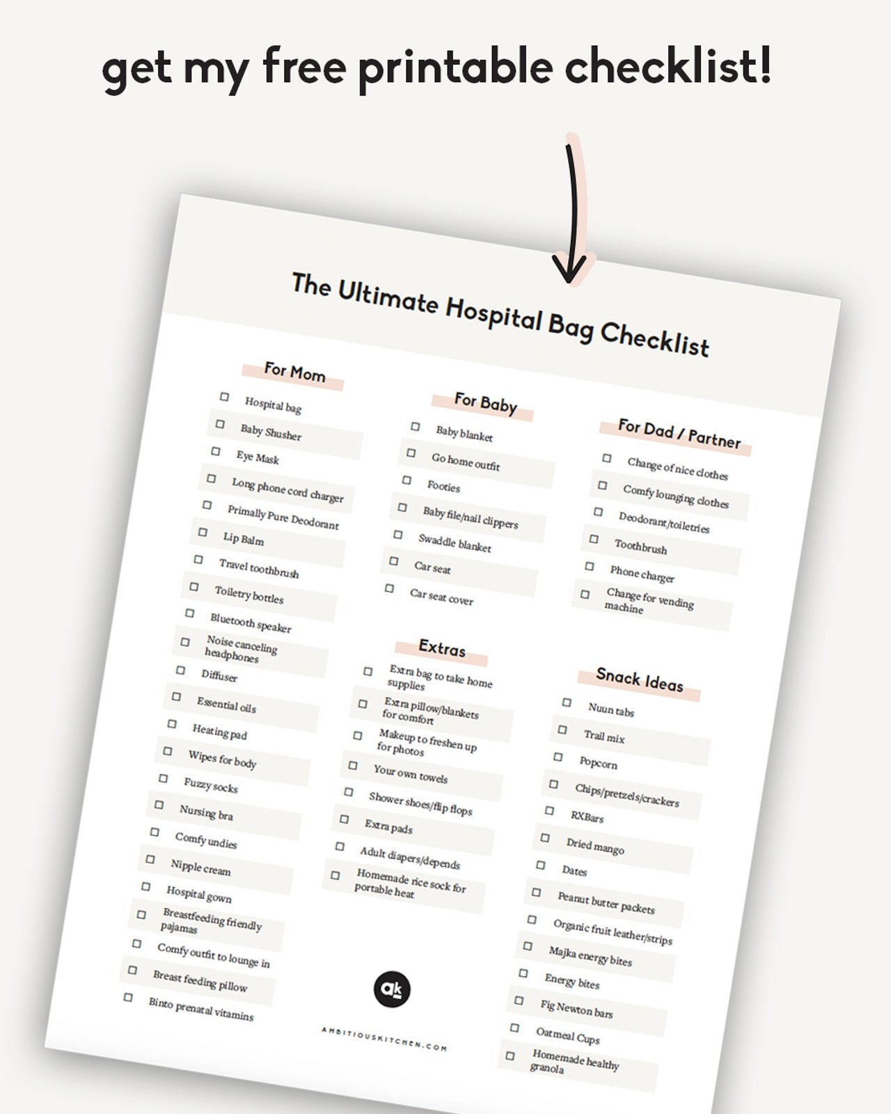 printable checklist of what to bring to the hospital