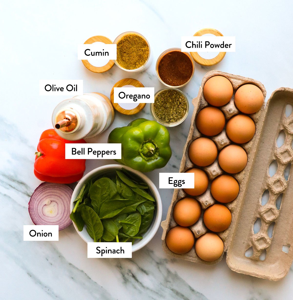 eggs, spinach, peppers, and spices labeled