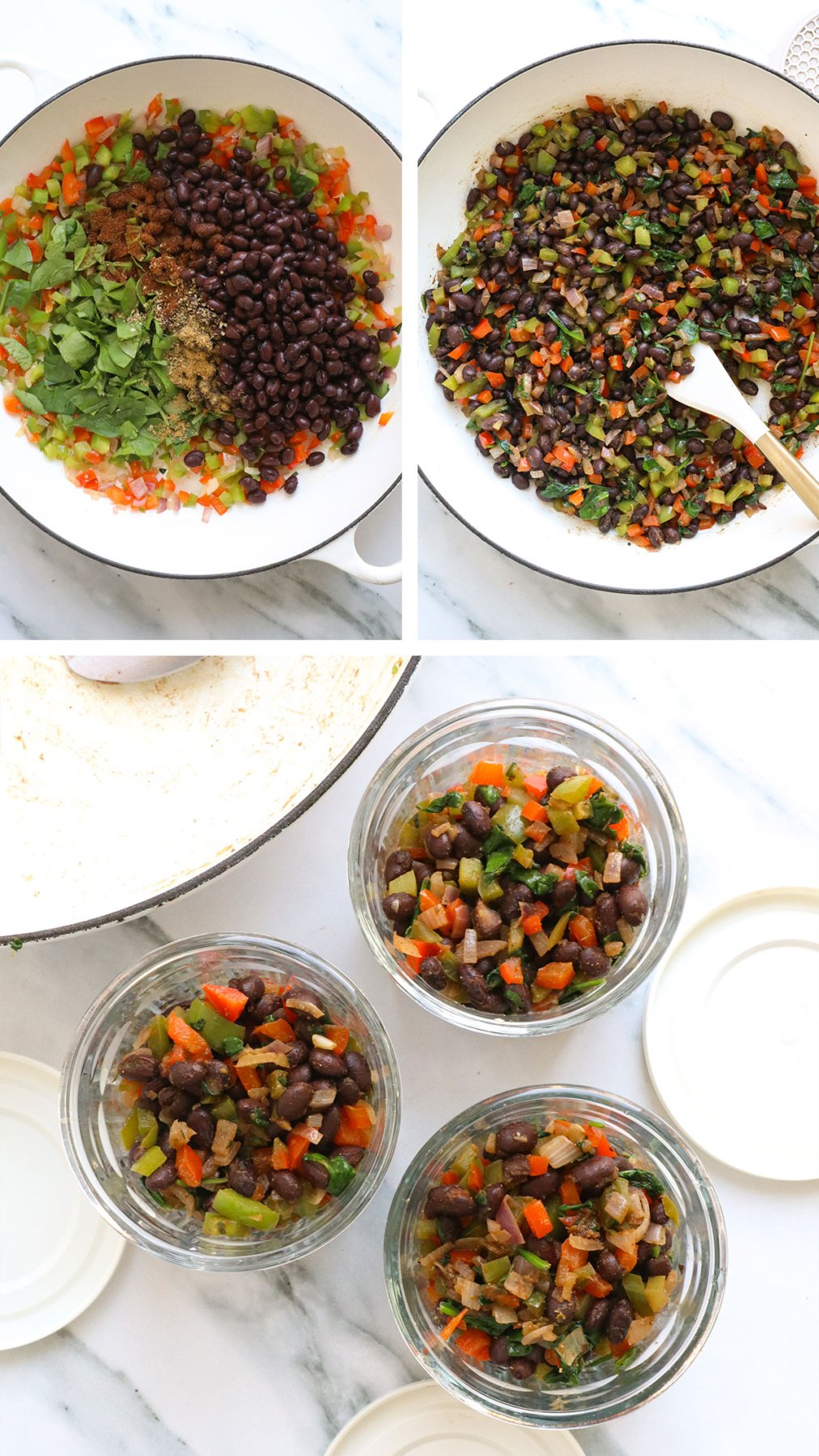 sauteed black beans with veggies stored in 3 glass jars. 