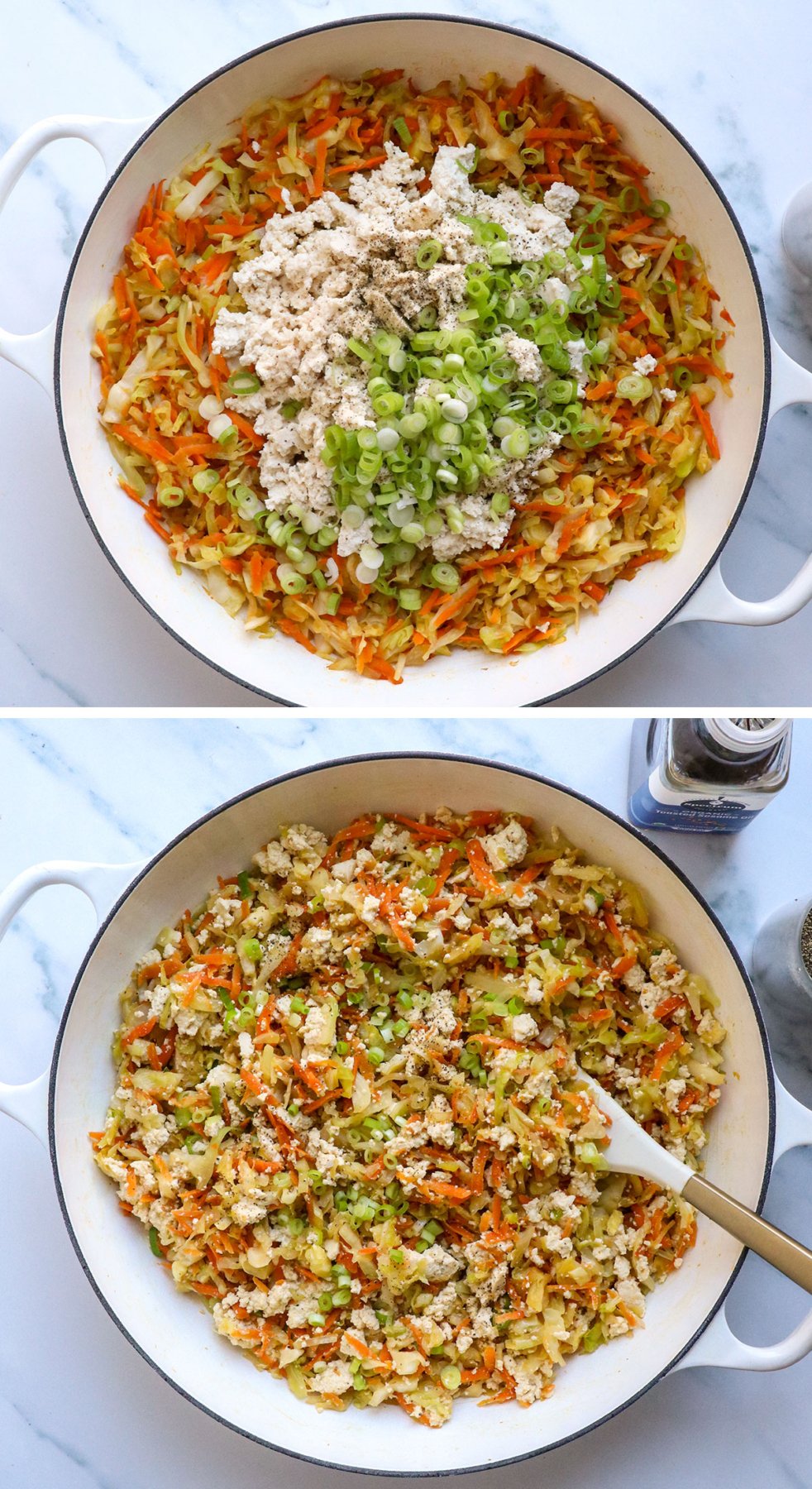 tofu and green onions scrambled into egg roll in a bowl pan. 