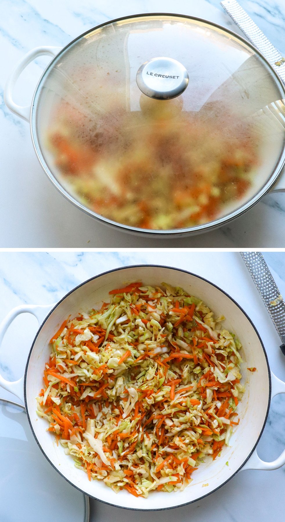 lid added to pan and removed to show wilted cabbage and carrots. 