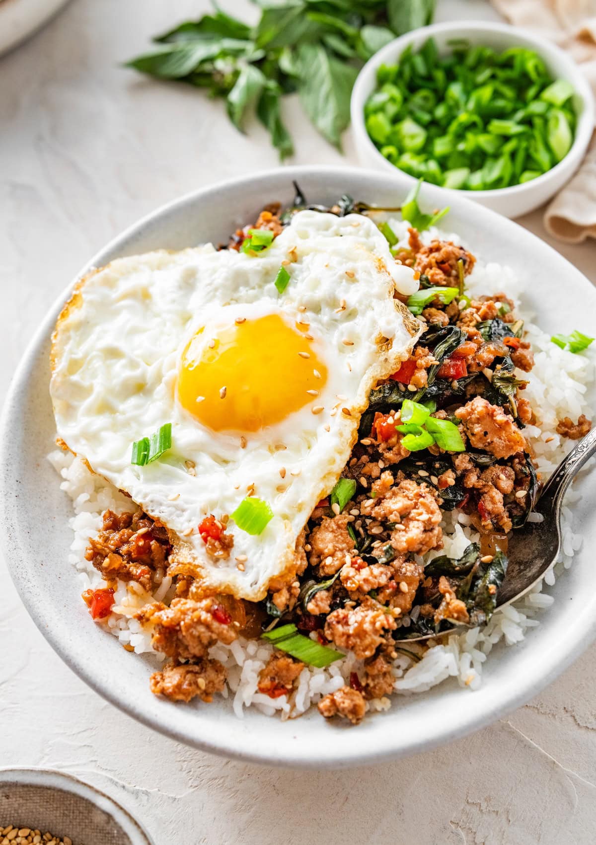 Thai basil chicken bowl topped with a fried egg and sliced green onions.