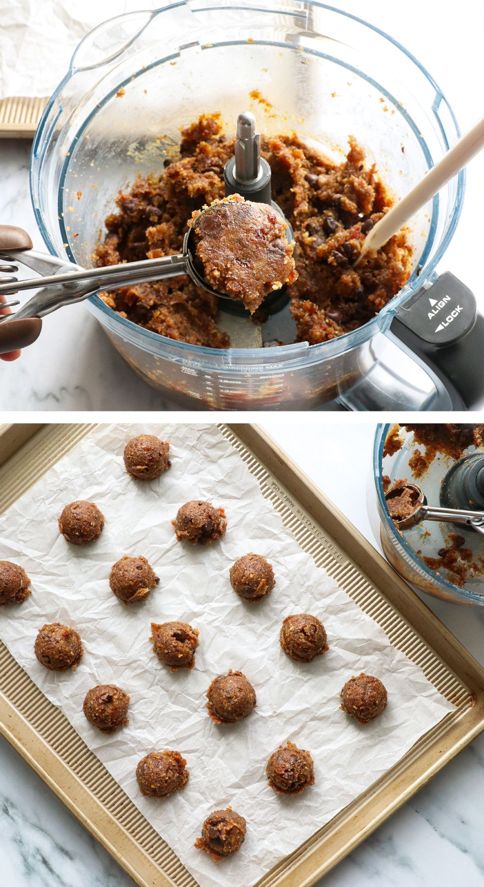 cookie dough scooped and placed on a lined baking sheet.