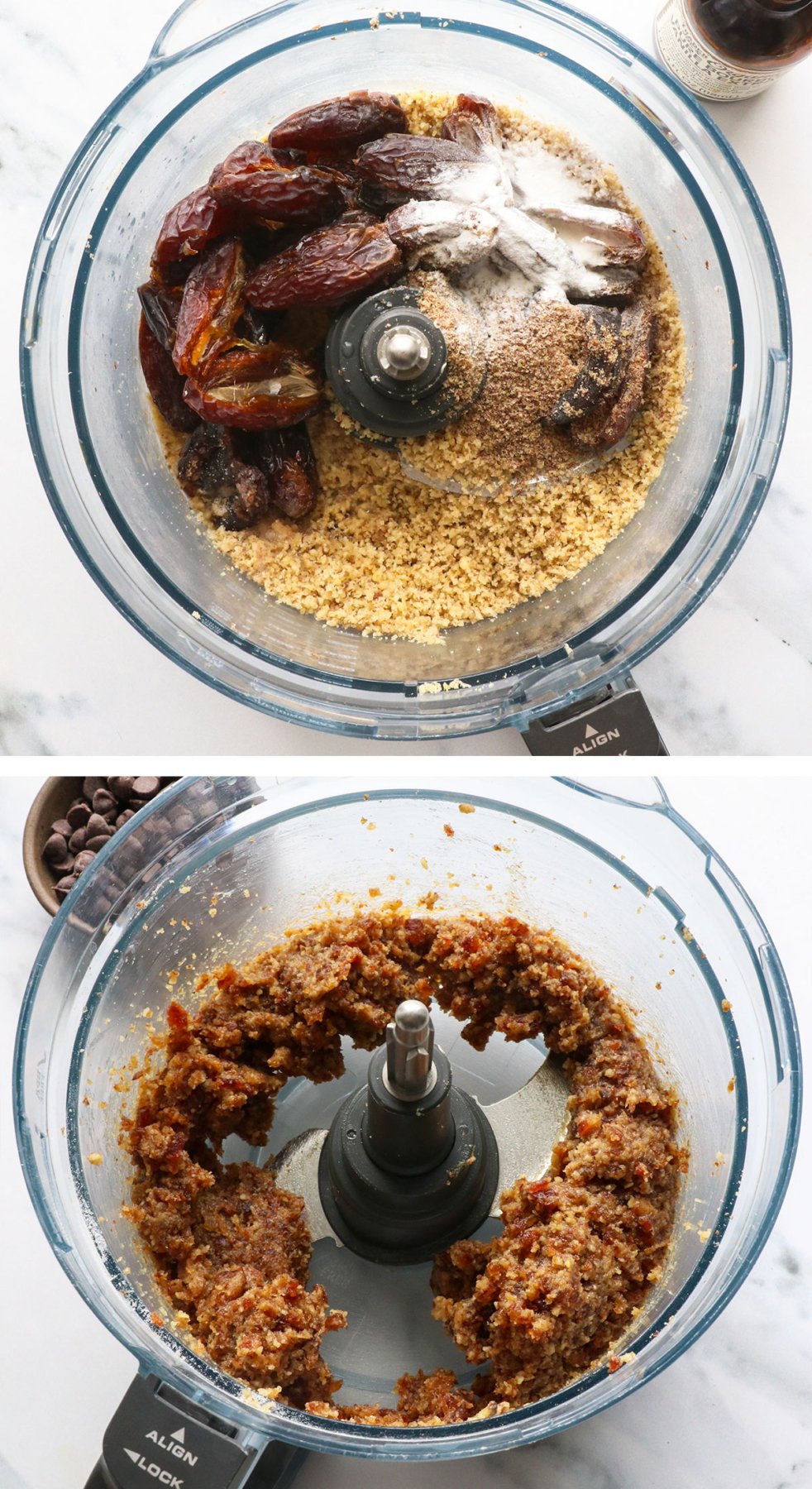 dates and baking powder added to cookie dough in a food processor.