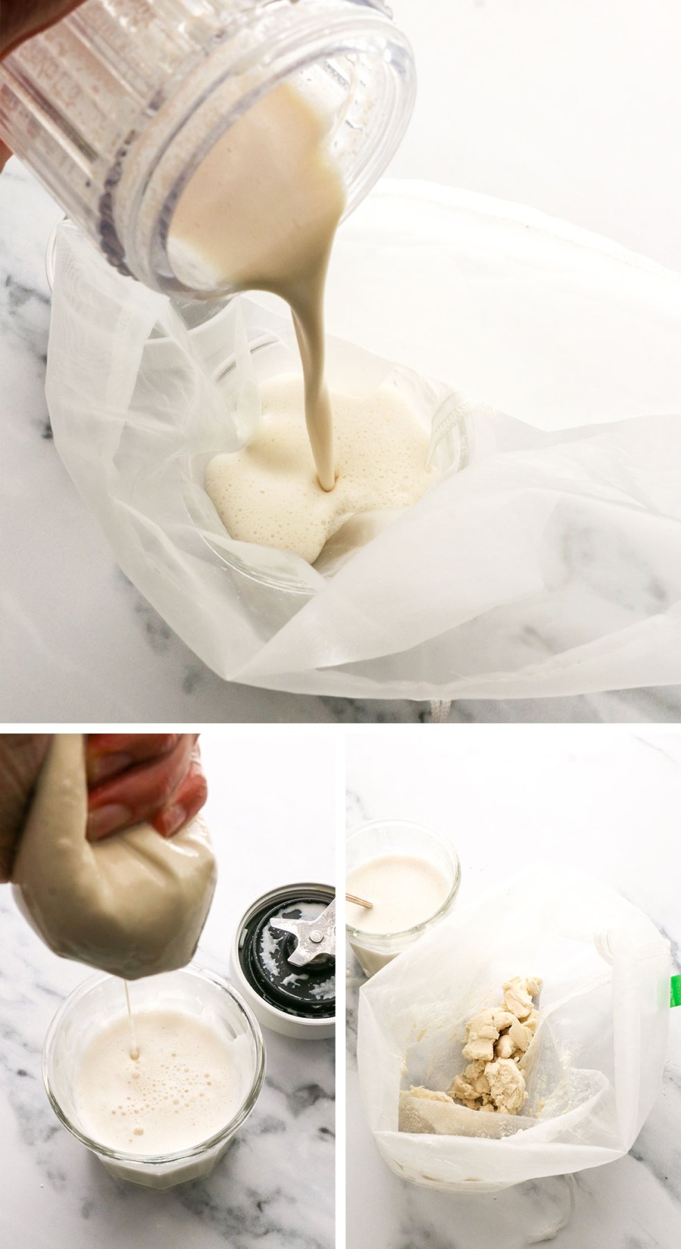 blended almond creamer strained through a nut milk bag and showing the leftover pulp.