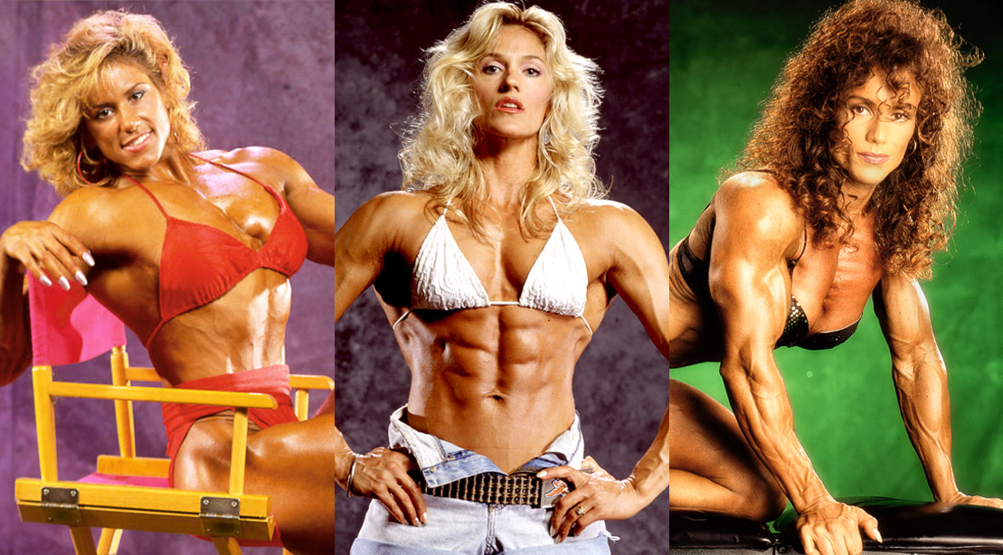 Three female bodybuilder contenders showing off their muscles