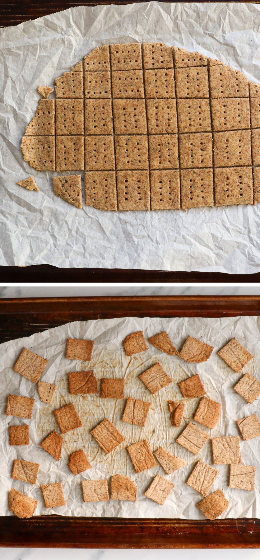 crackers on a sheet pan after baking and flipping. 