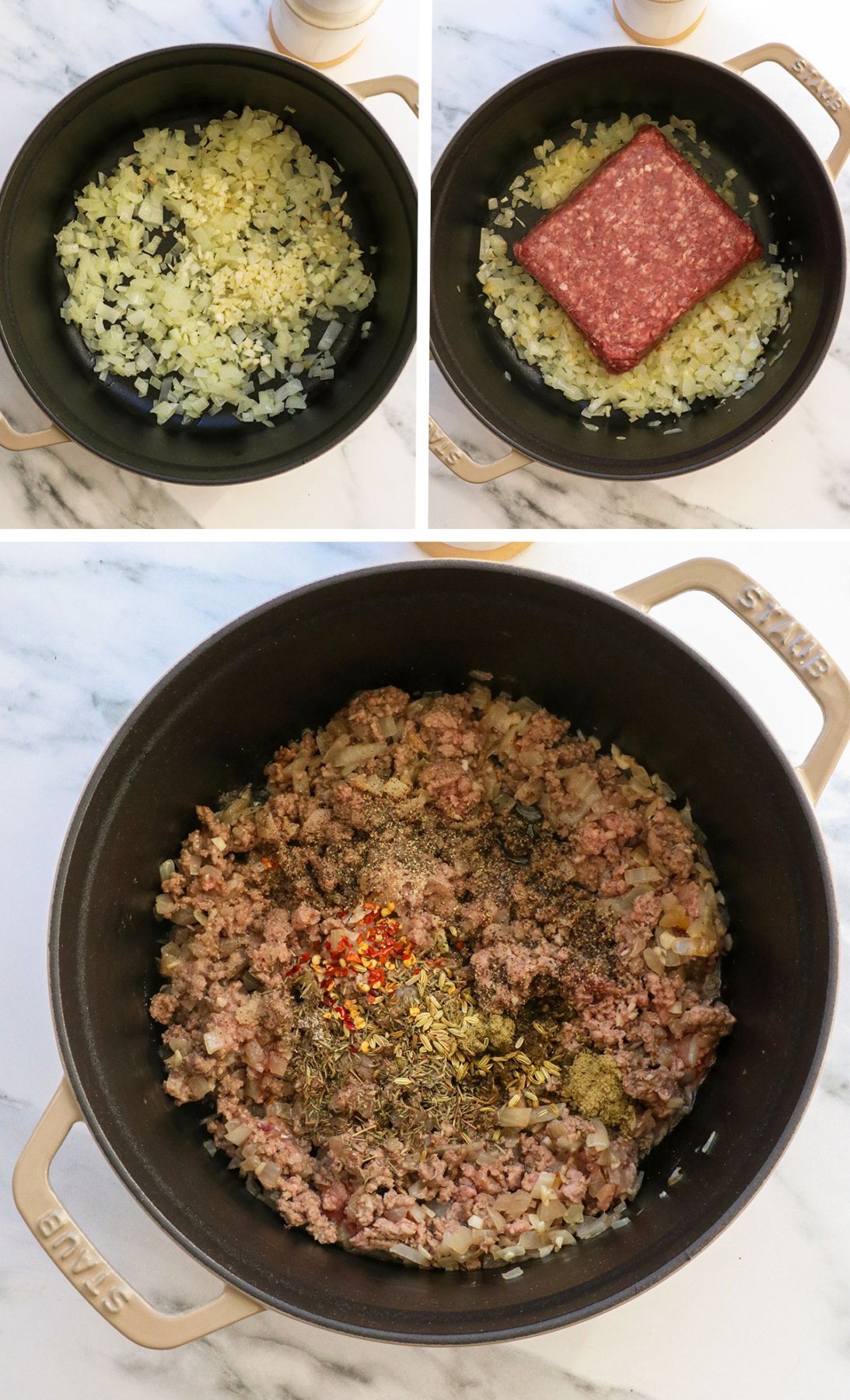 onion and garlic cooked in a pot, with ground beef and spices added. 