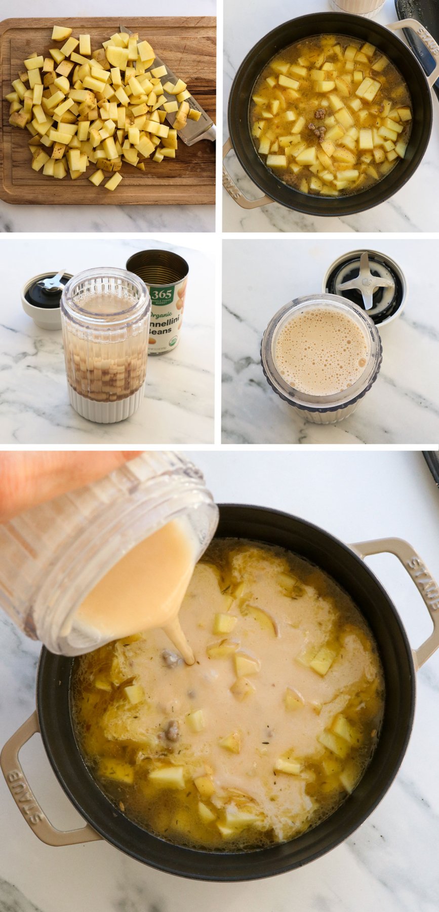 potatoes added to soup as well as blended white beans for a creamy texture. 