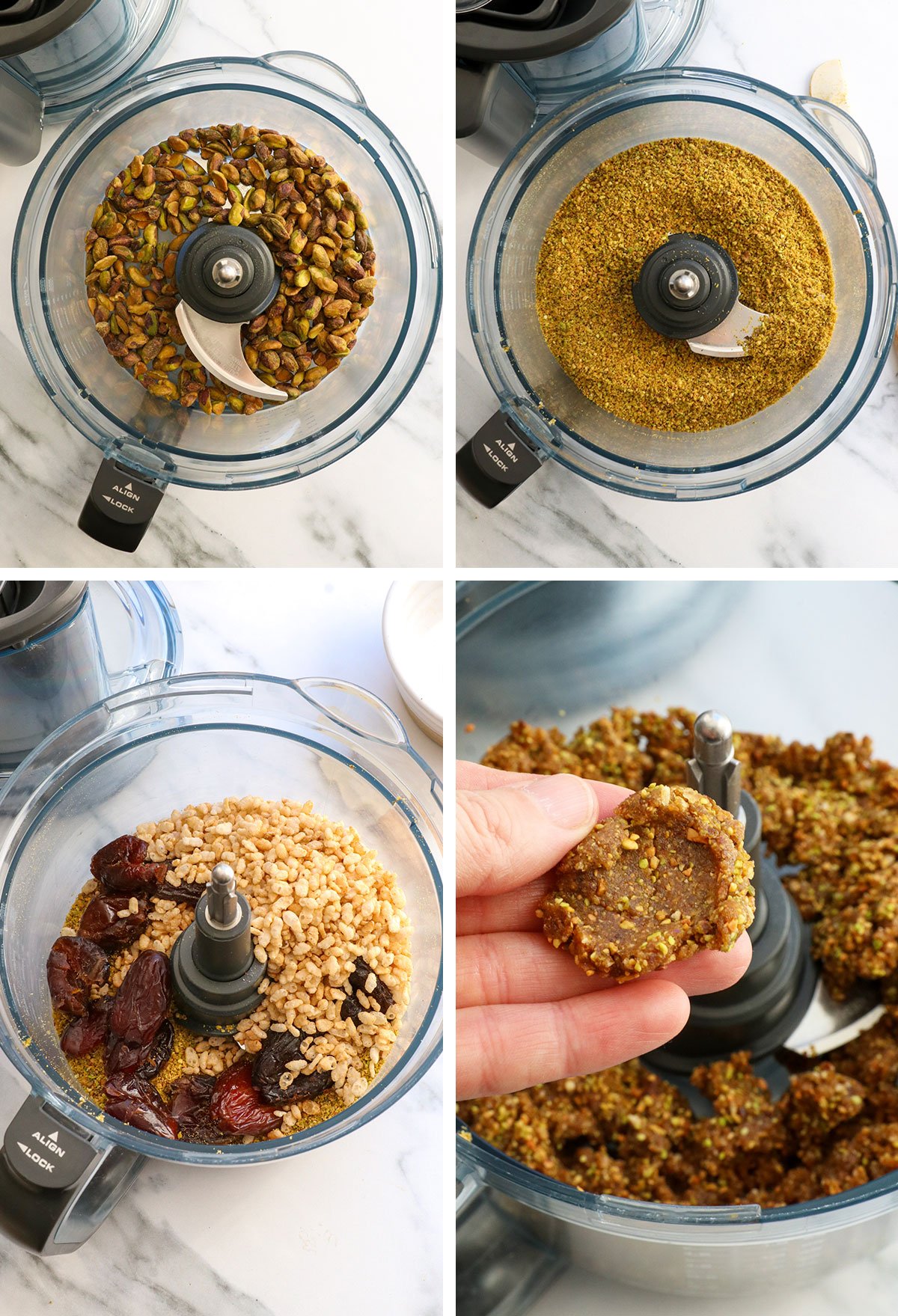pistachios ground in a food processor with dates and rice cereal. 