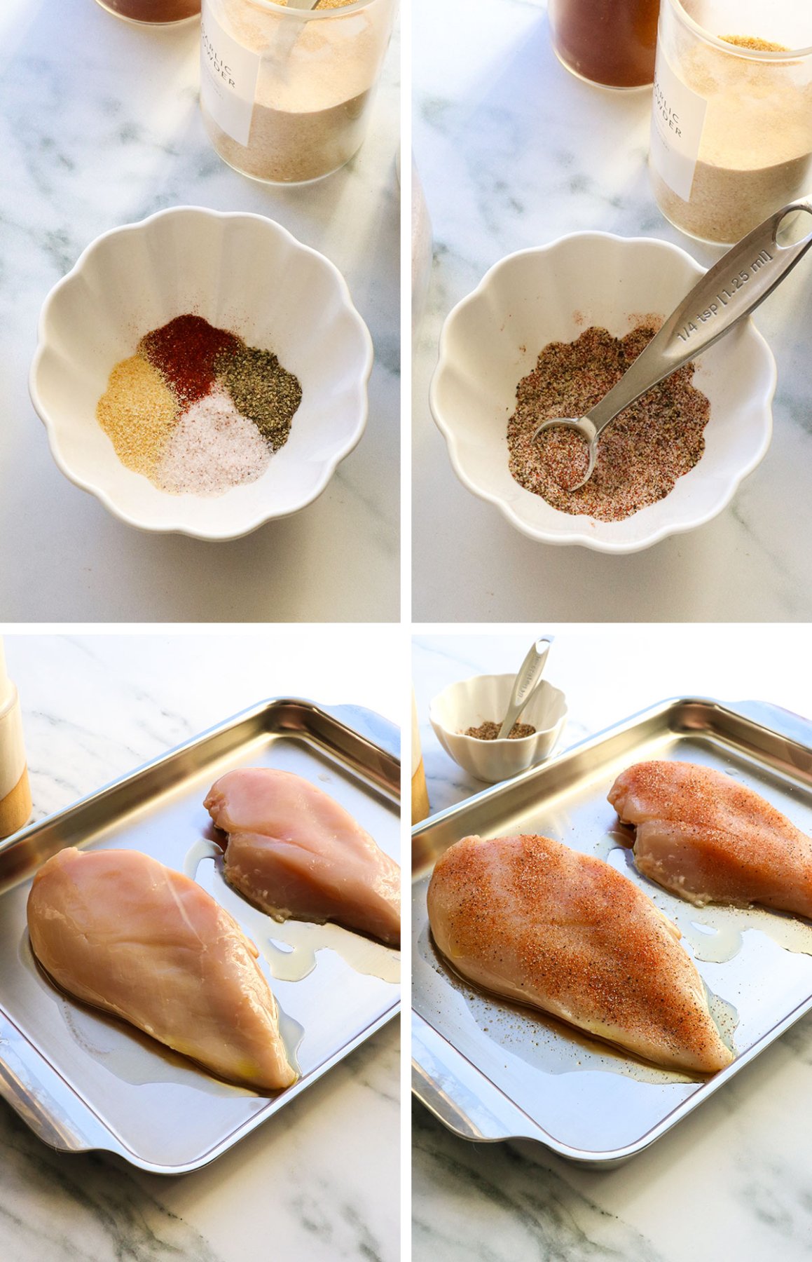 seasoning mixed and sprinkled on the chicken breasts in a pan. 