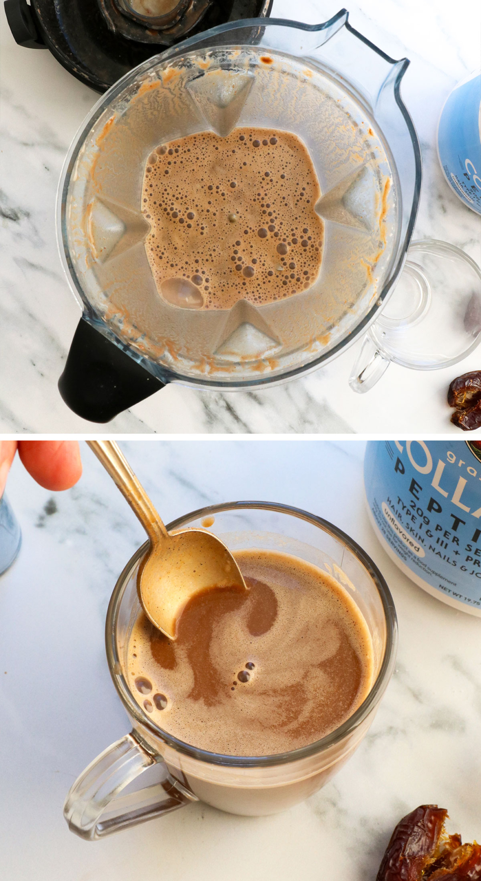blended hot chocolate served in a glass mug with a spoon. 
