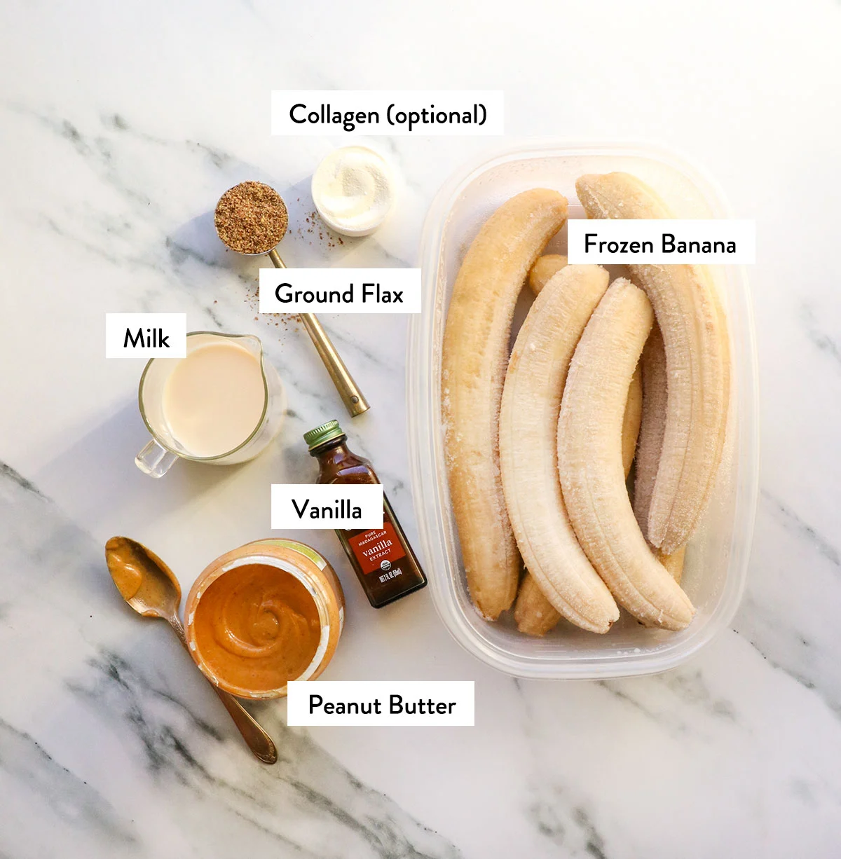 peanut butter, frozen bananas, ground flax, collagen, milk, and vanilla extract labeled. 