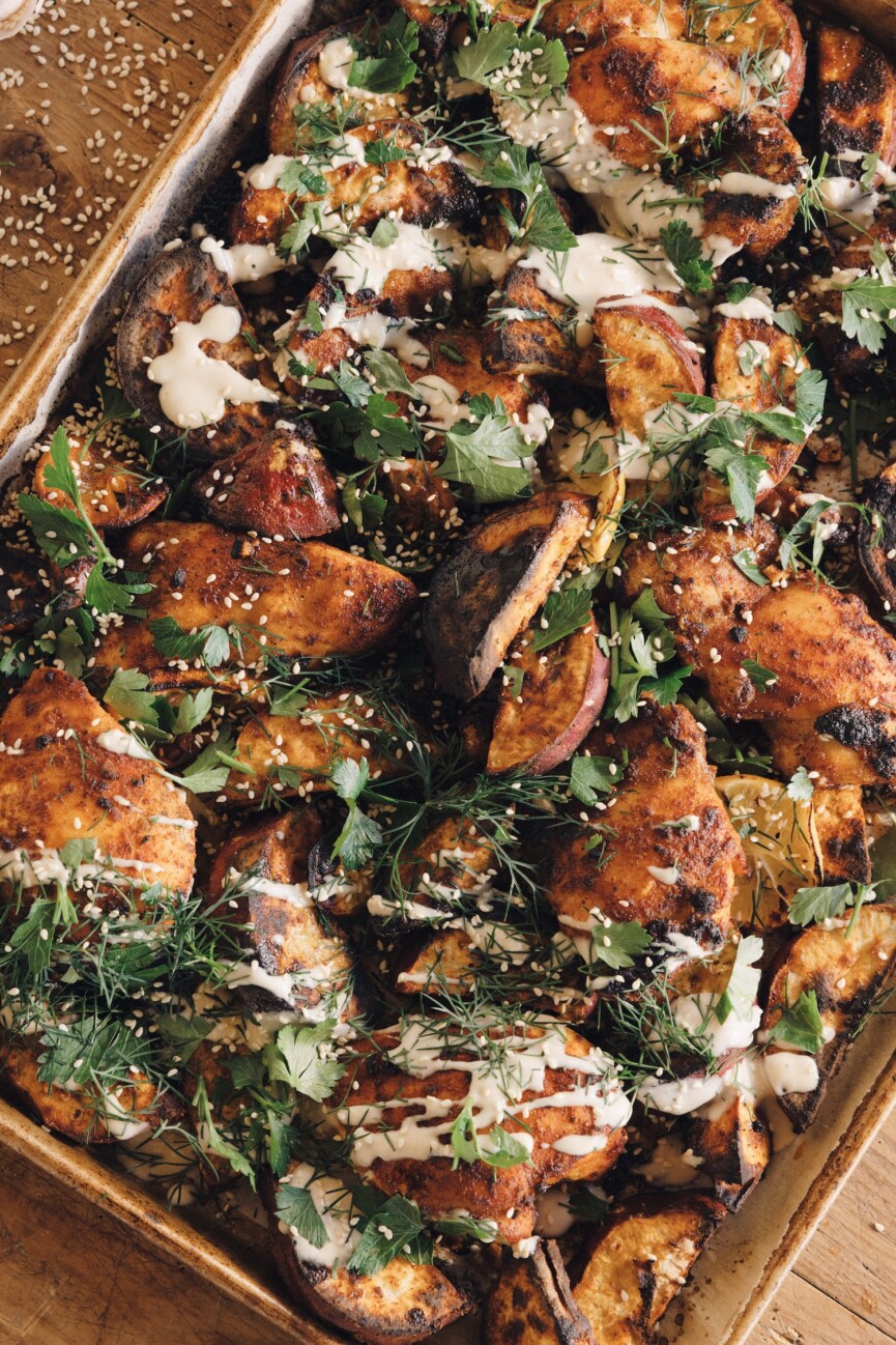 sheet pan chicken sweet potatoes tahini sauce