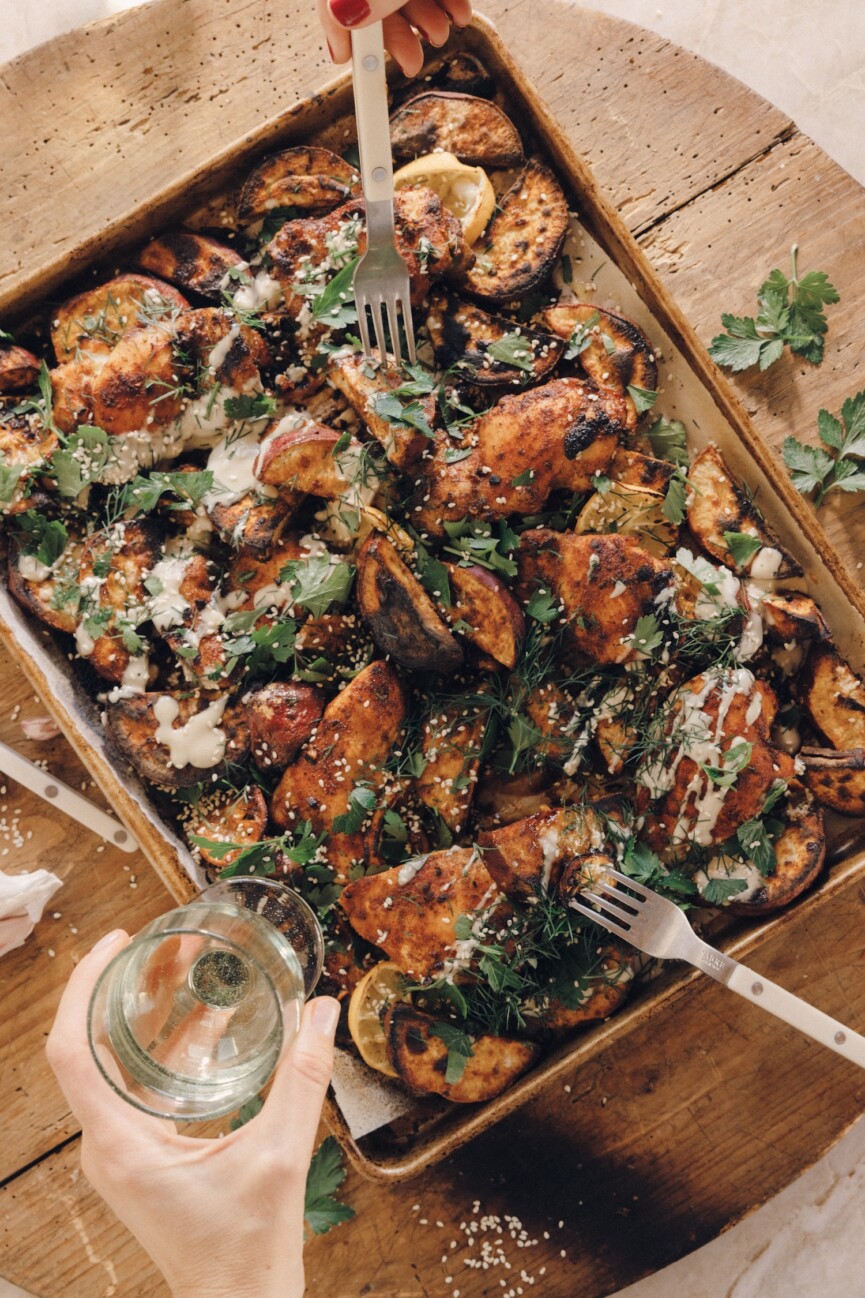 sheet pan chicken sweet potatoes tahini sauce