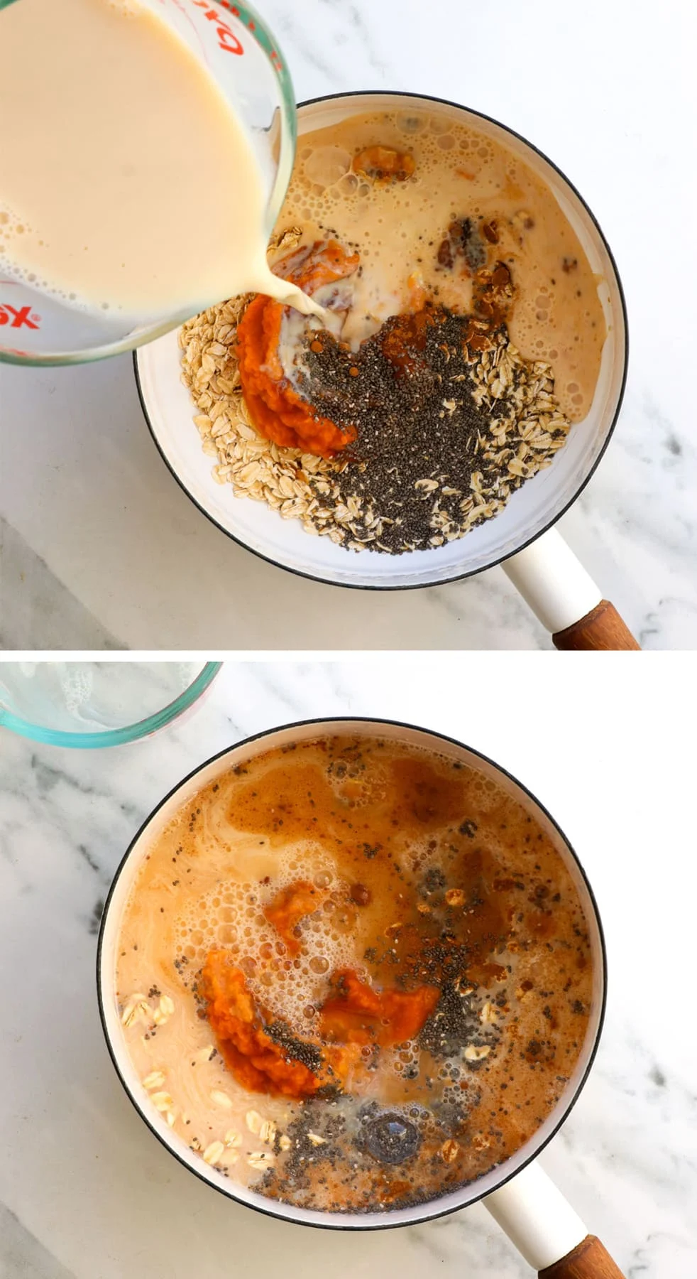 milk poured into a white sauce pan with pumpkin puree, oats, and chia seeds. 
