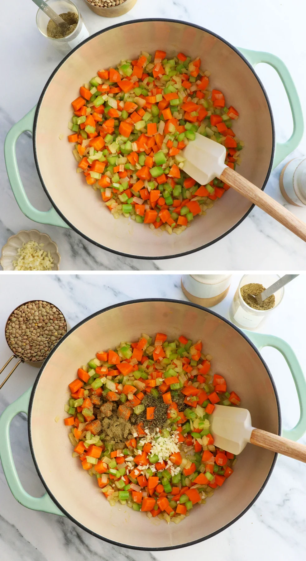 carrot, celery, and onion cooked with garlic and spices. 