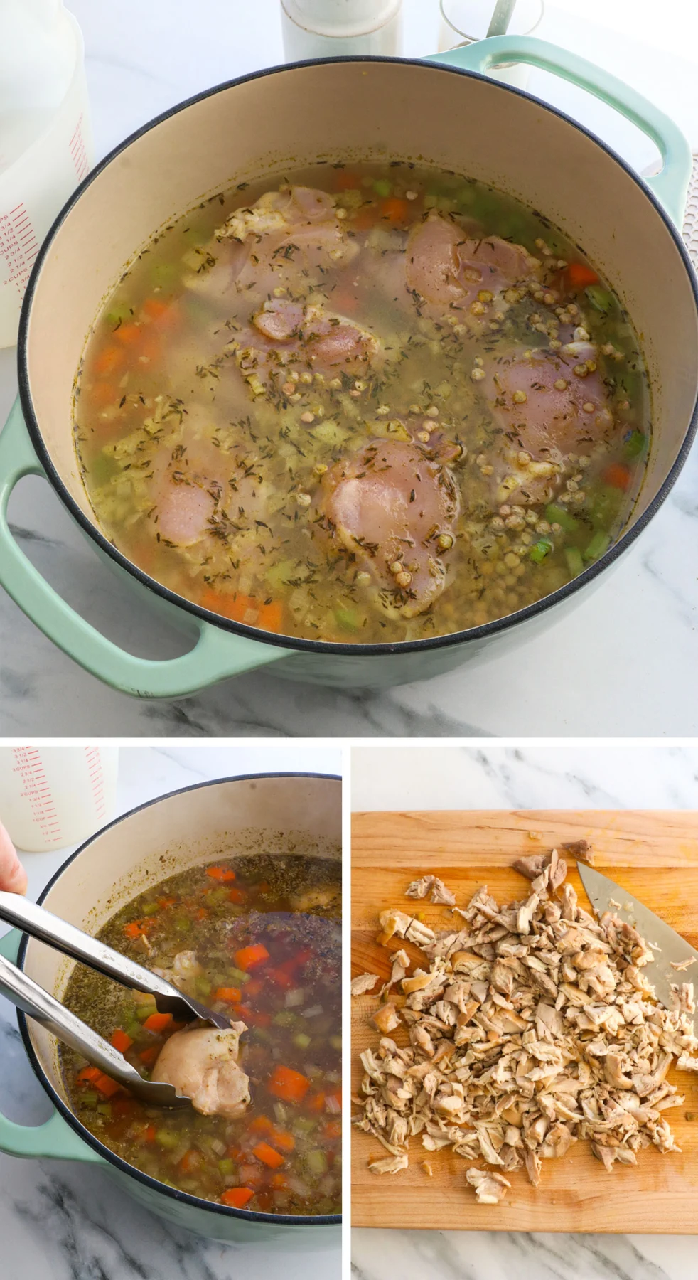 raw chicken added to soup, then cooked and shredded. 