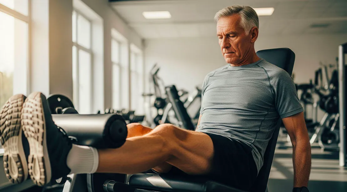 Elderly male performing a leg extension exercise for healthy joints