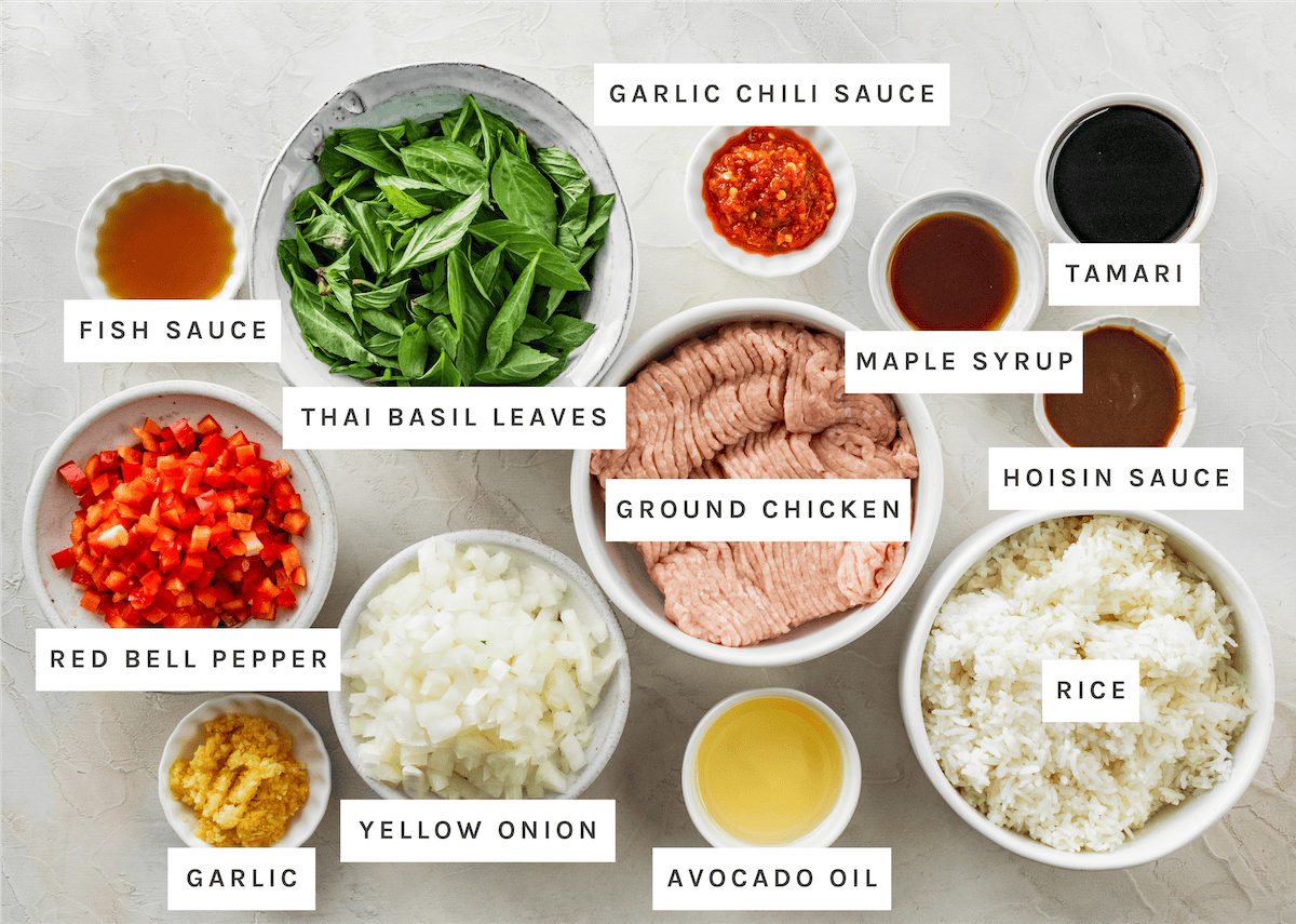 Ground chicken, Thai basil leaves, Red bell pepper, Yellow onion, Garlic, Fish sauce, Garlic chili sauce, Tamari, Maple syrup, Hoisin sauce, Avocado oil and Rice