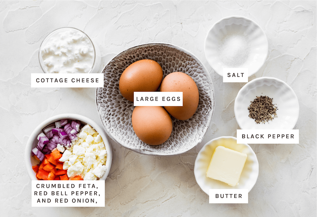 Cottage cheese, large eggs, crumbled feta, red bell pepper, red onion, salt, black pepper, butter