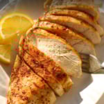 baked chicken breasts labeled for pinterest by Detoxinista.