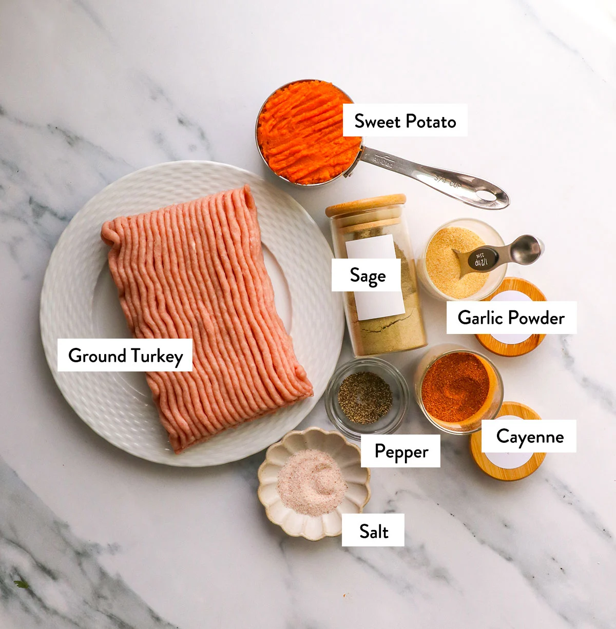 ground turkey, sweet potato, and spices labeled on a white surface. 