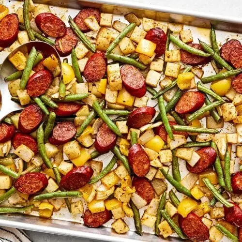 Cajun sheet pan sausage and veggies.