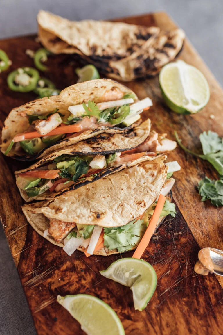 Lime-y Chicken Tacos with Jicama, Avocado, & Mint