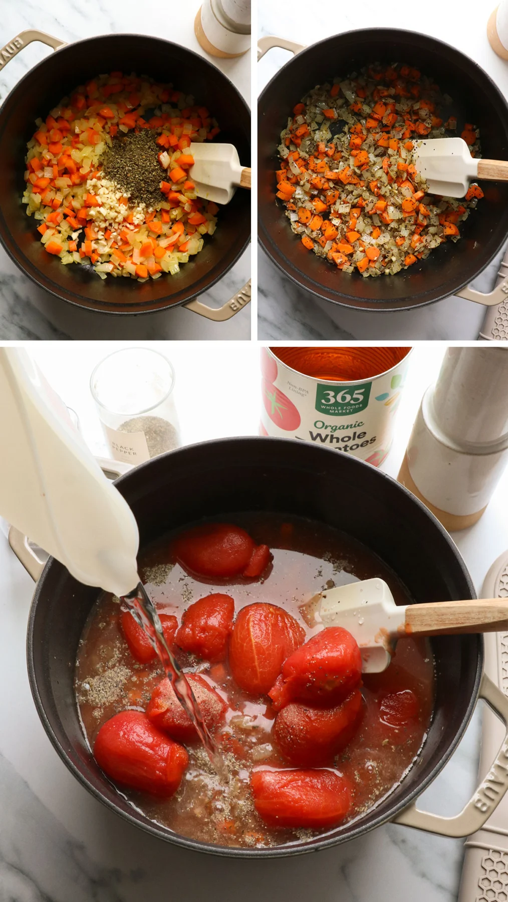 carrot and onion sauteed with spices and tomatoes added into the pot. 