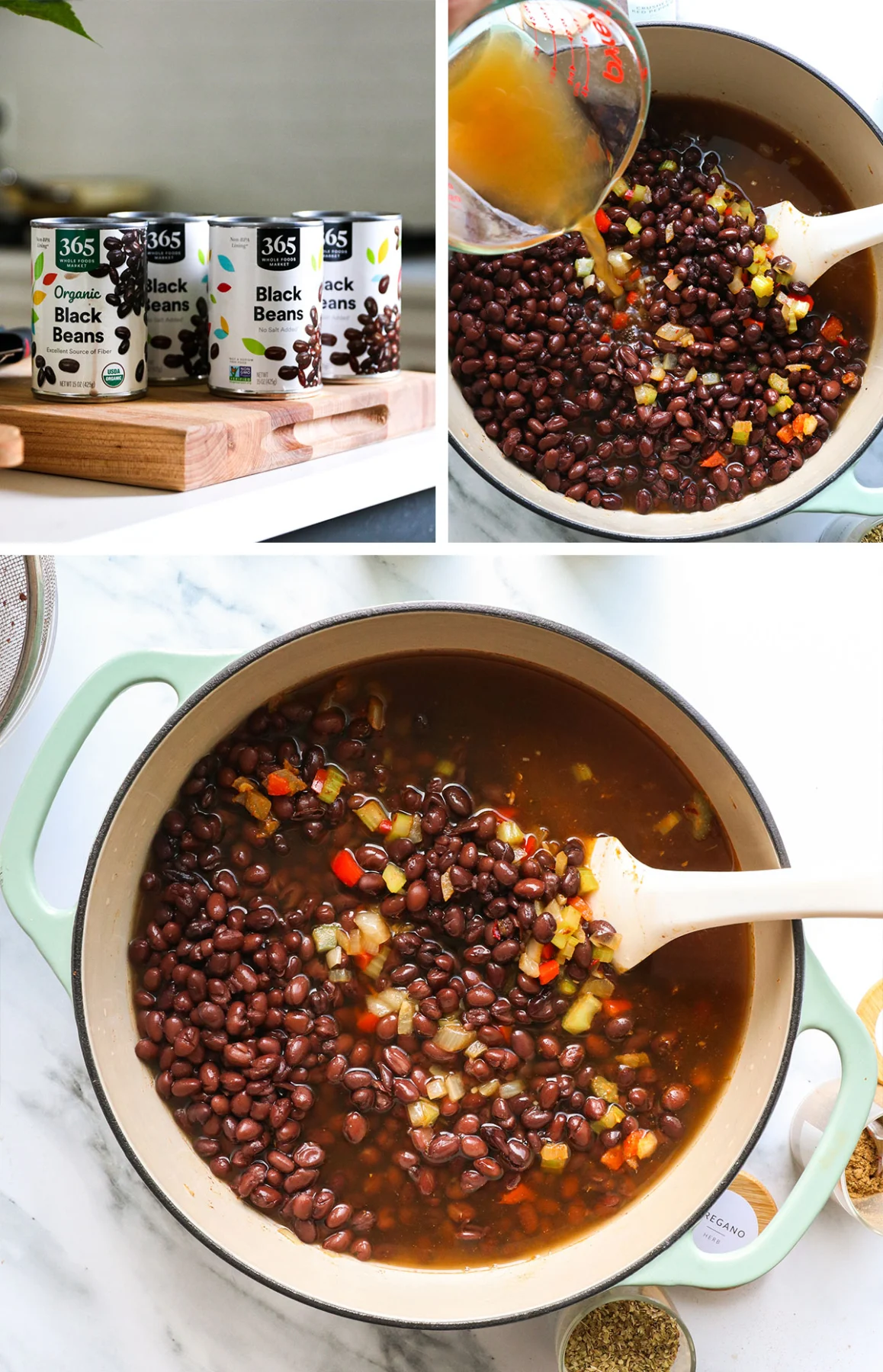 canned beans opened and added to pot with broth.