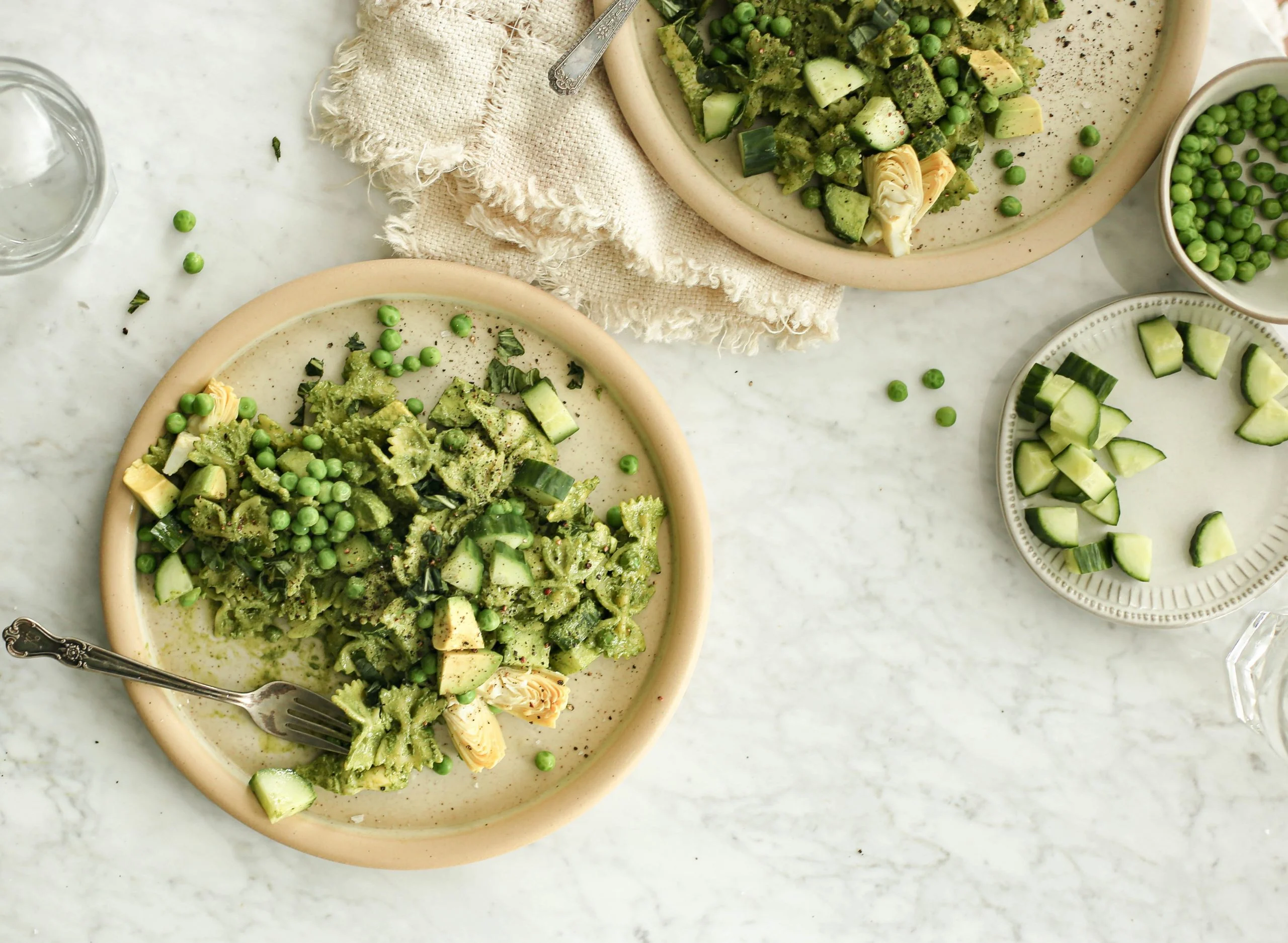 green goddess pasta salad with a lemony zingy dressing and spring vegetables