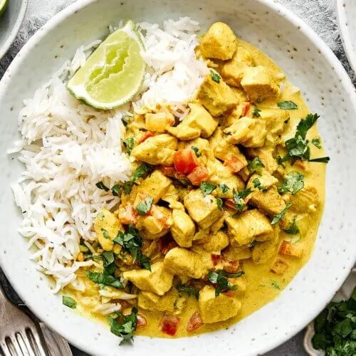 A plate of rice and coconut curry chicken.