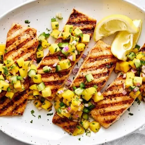 Grilled salmon recipe with mango salsa.