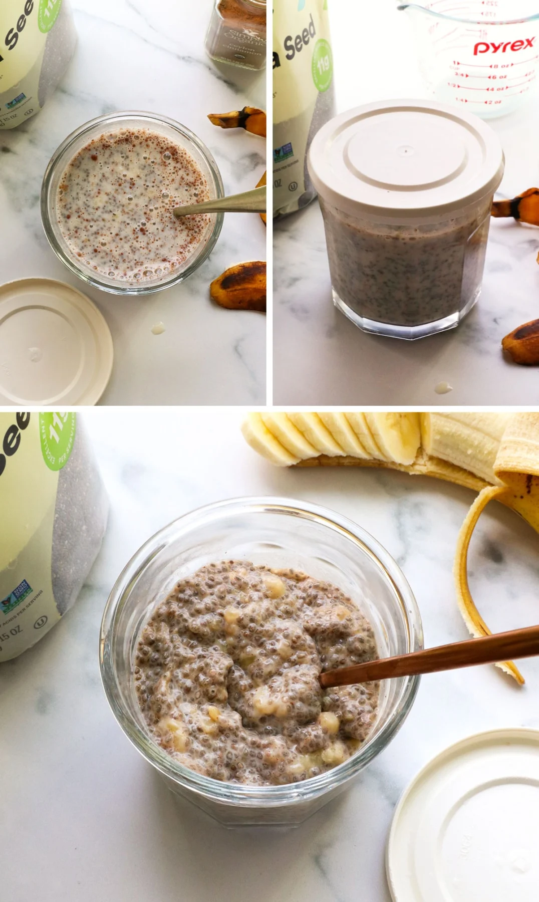 banana chia seed pudding with a lid and thickened overnight.