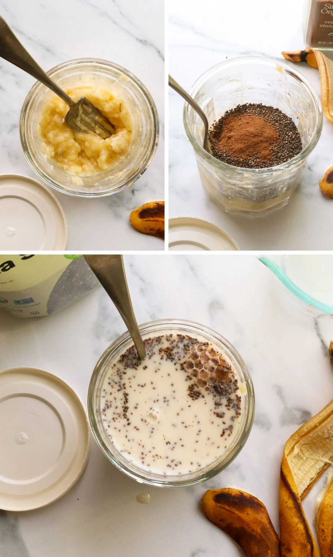 banana mashed in a glass jar then mixed with chia seeds and milk.